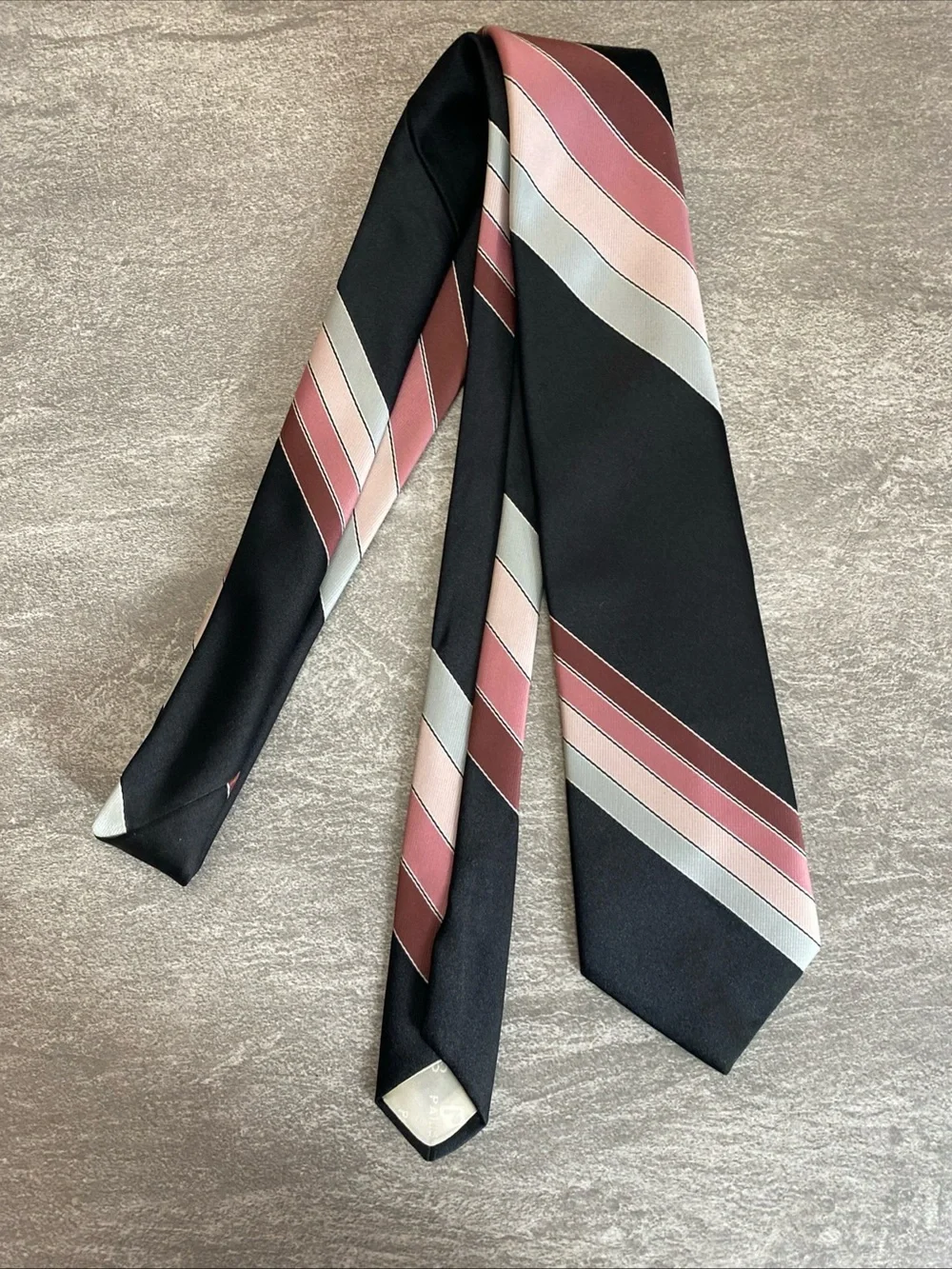 Men's Black Tie with Rose and Silver Stripe Accent